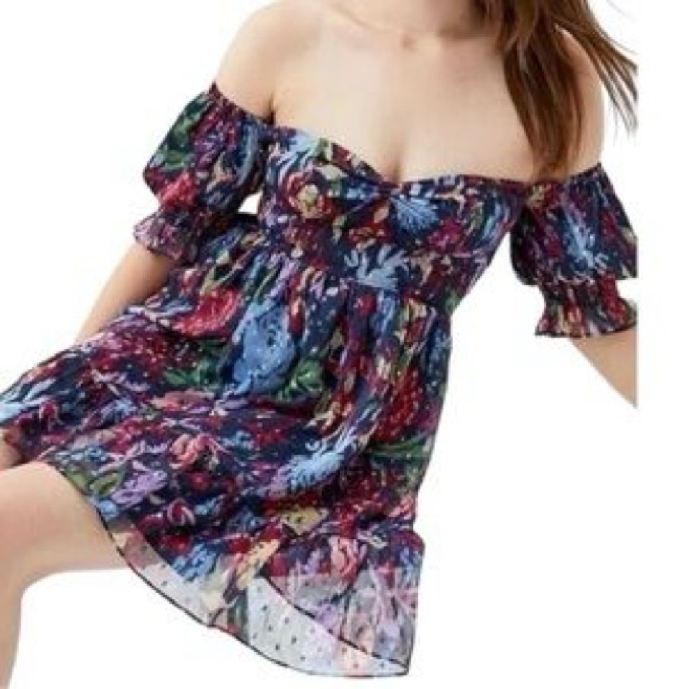 Urban Outfitters Navy Floral Off or on -the-Shoulder Mini Dress - Picture 2 of 6